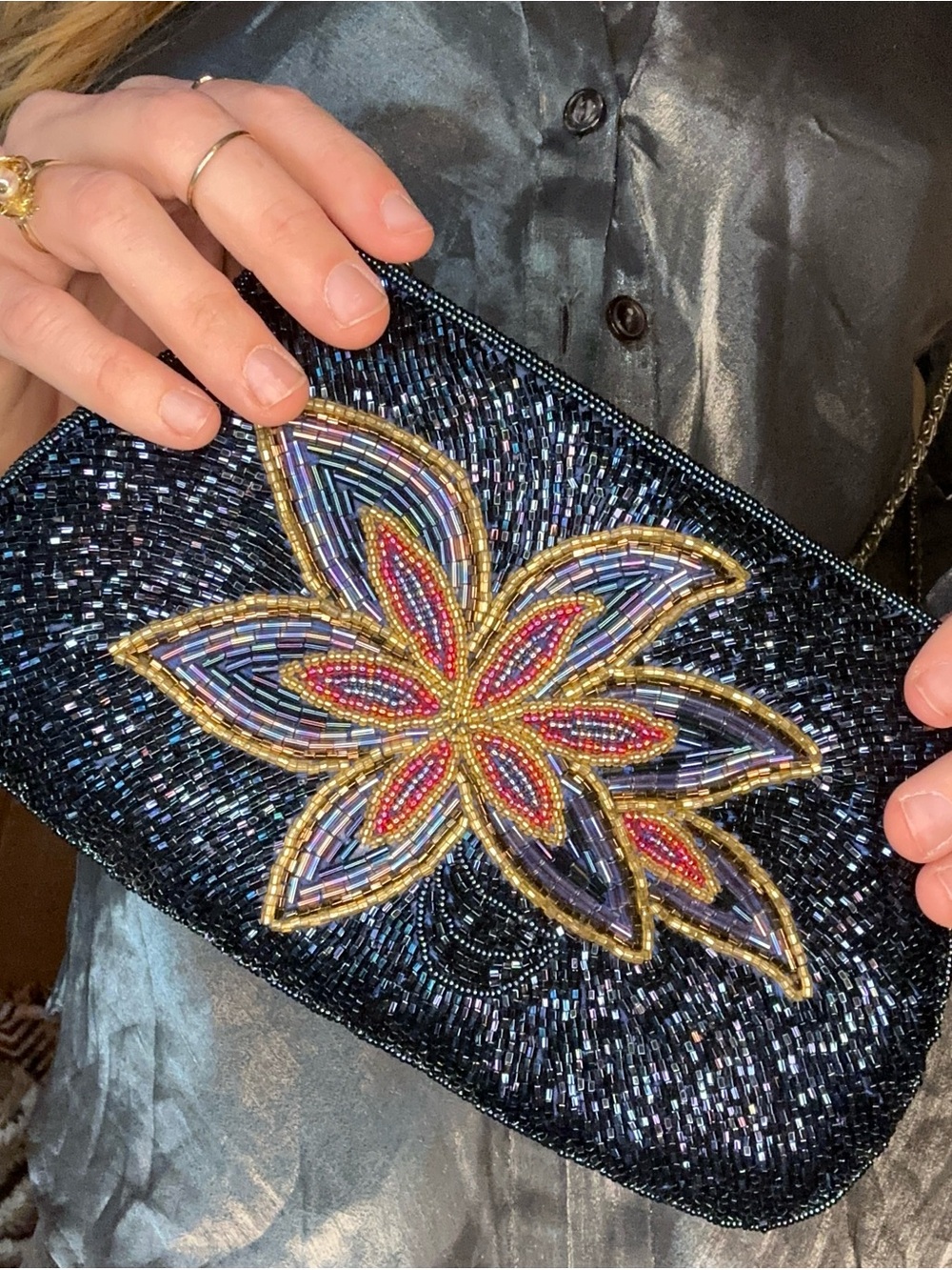 Vintage Beaded Floral Crossbody Bag Purse Blue Black Metallic Chain Strap - Picture 2 of 7